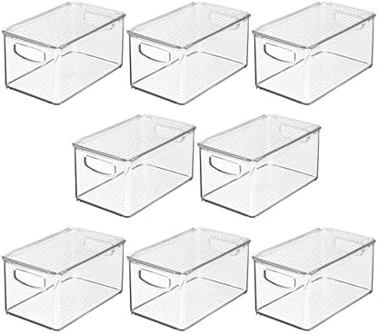 mDesign Deep Plastic Bathroom Storage Bin Box, Lid/Built-in Handles, Organization for Makeup, Hair Styling Tools, Toiletry Accessories in Cabinet, Shelves, Ligne Collection, 8 Pack, Clear