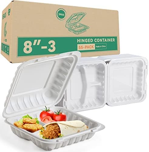 Takeout Container Mineral Filled PP Plastic - 7.8 Inch 30oz 65 Pack BPA Free 3 Compartments Shrink Wrap Bento Box | Freezer & Microwave Safe for Picnic | Black Reusable & Disposable Containers