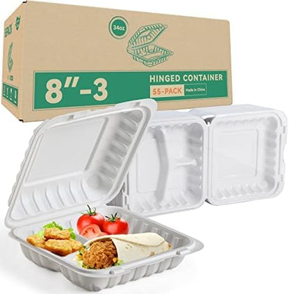Takeout Container Mineral Filled PP Plastic - 7.8 Inch 30oz 65 Pack BPA Free 3 Compartments Shrink Wrap Bento Box | Freezer & Microwave Safe for Picnic | Black Reusable & Disposable Containers