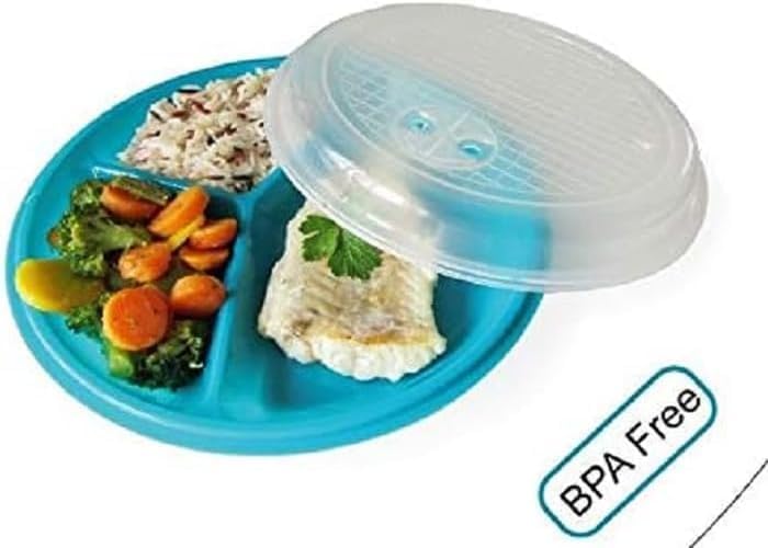 3 pack- Microwave Food Storage Travel Tray Containers - Portion Control - 3 Section Compartment Divided Plates with Vented Lid For Easy Reheat (3, Red)