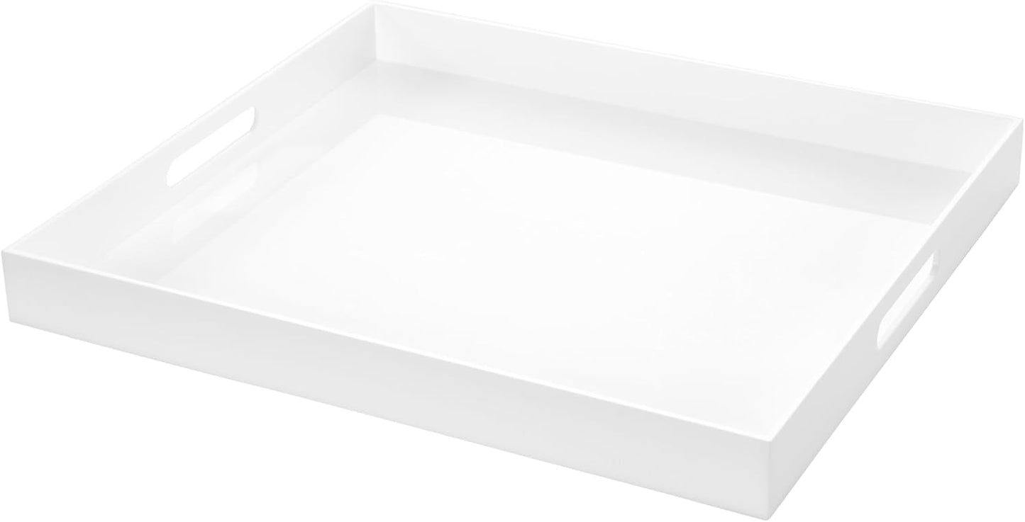 White Rectangular 14x20 Inches Acrylic Ottoman Tray Decorative Serving Tray with Cutout Handles Organizer Tray on Coffee Table Countertop Big Breakfast Bed Tray Living Room Appetizer Serving Food
