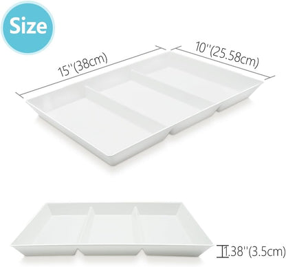 Divided Serving Tray Platter, 4 Pack 15" x 10" Fruit Veggie Food Tray for Party, Plastic Serving Trays for Appetizer, Snack, Dessert, Cookie, Brunch Decorations Platters, White Trays BPA-Free