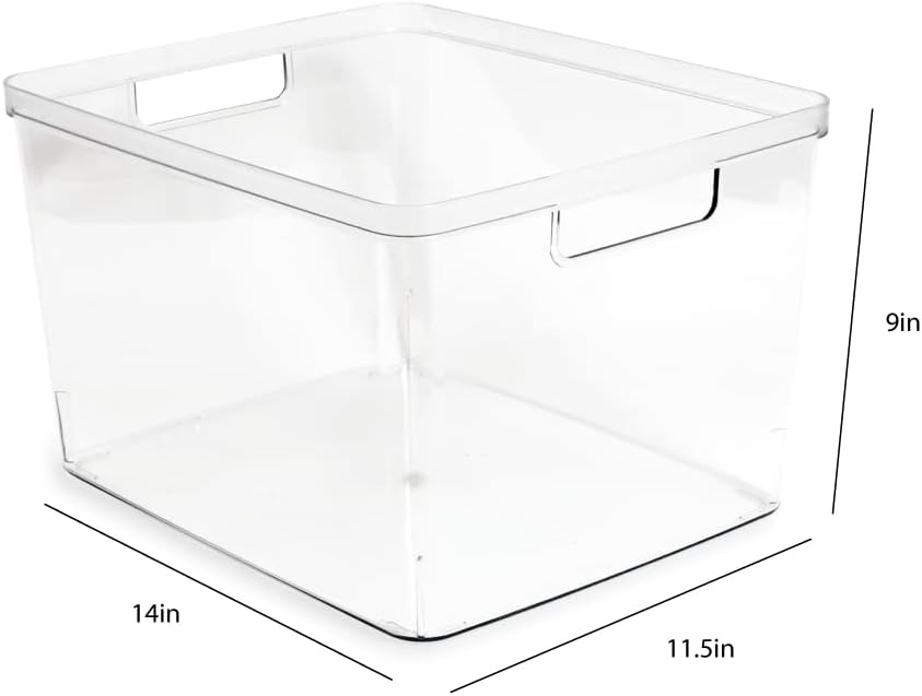 Isaac Jacobs 2-Pack Square Clear Storage Bins (10” L x 10” W x 6.1” H) w/Cutout Handles, Plastic Organizer for Home, Office, Kitchen, Fridge/Freezer, Bathroom, BPA Free, Food Safe (2-Pack, Square)
