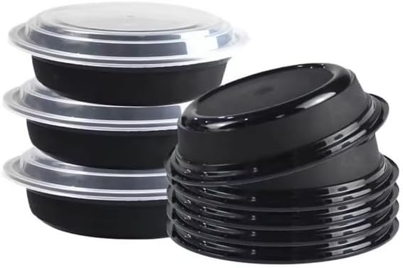 48oz Disposable Black Meal Prep/Bento Box with Clear Dome Lids - Round Plastic Meal Containers - Leak Proof and Reusable Box : Perfect For Salad, Meal Prep and Fruits : Set of 10