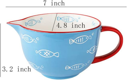 Gaolinci Cherry Blossom Pattern Kitchen Ceramic Mixing Bowl, 1 Quart Large Bowl, with Pouring Spout and Handle