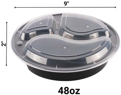 48oz - 3 Compartment - Disposable Black Meal Prep/Bento Box with Clear Dome Lids - Round Plastic Meal Containers - Reusable Box : Perfect For Salad, Meal Prep and Fruits : Set of 10