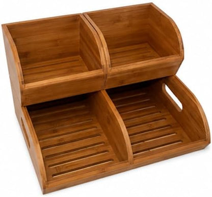 Potato and Onion Storage Bin for Pantry and Kitchen Counter - Ventilated Stackable Bamboo Organizer Baskets with Handles