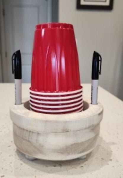 Party Cup Holder with Marker Slots | Drink Organizer for Birthdays, Festive Events, BBQs & Holiday Gatherings | Hosting Essentials for Plastic Cups | Wood Design Two in One (Brown Rustic)