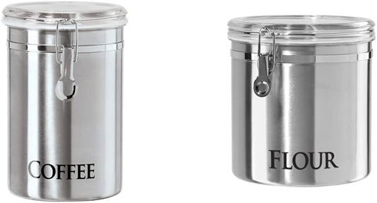 Oggi Stainless Steel Sugar Canister 62 fl oz - Airtight Clamp Lid, Clear See-Thru Top - Ideal Sugar Container for Countertop, Sugar Jar, Bulk Sugar Storage. Large Size 5" x 7.5".