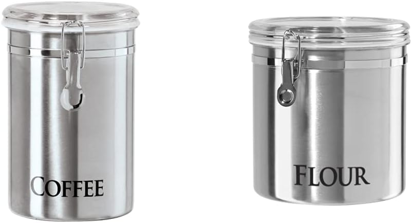 Oggi Stainless Steel Sugar Canister 62 fl oz - Airtight Clamp Lid, Clear See-Thru Top - Ideal Sugar Container for Countertop, Sugar Jar, Bulk Sugar Storage. Large Size 5" x 7.5".