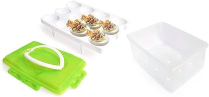 2 Tiers Egg Container Deviled Egg Carrier Eggs Holder with Handle Fridge Freezer Storage by DELIFUR (Green)