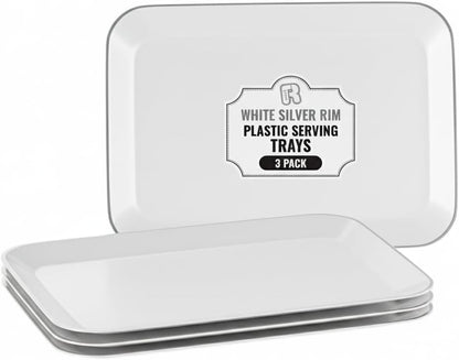 R-kay 3 Pack White Plastic Serving Trays for Party - Rectangular, 8 by 11 in, Heavy Duty Dessert Trays for Food