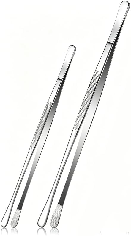 2 Pcs Fine Long Tweezers Tongs - 12-inch" & 10-inch" Stainless Steel Kitchen Tools for Cooking, Food Handling, Seafood, BBQ (Silver, Tweezers 12.01"L x 10"W)