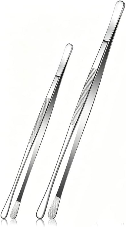 2 Pcs Fine Long Tweezers Tongs - 12-inch" & 10-inch" Stainless Steel Kitchen Tools for Cooking, Food Handling, Seafood, BBQ (Silver, Tweezers 12.01"L x 10"W)
