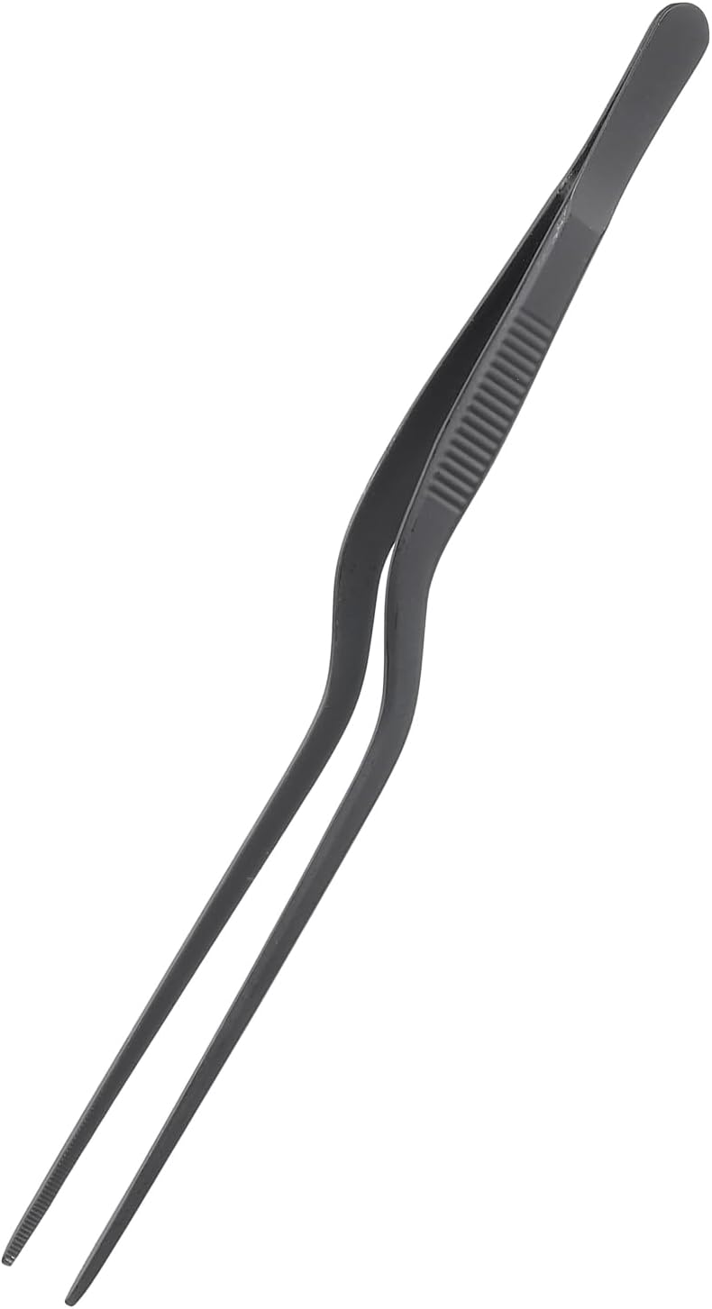 uxcell Kitchen Tweezers Stainless Steel, 10 Inch Food Tongs Fine Cooking Tweezers Set Extra-Long Tweezer Tongs for Cooking Grill Baking BBQ, Black Clip