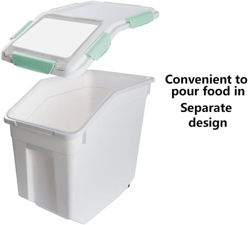 Airtight Flour Storage Container 25 lb Rice Storage Container with Wheels Seal Locking Lid, Food Containers with Measuring Cup& Scoop for Flour, Rice, Grain(Cyan)