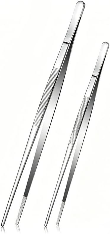 12 Inch & 10 Inch Long Kitchen Tweezers Tongs Set, Stainless Steel Precision Cooking Tweezers for BBQ, Seafood, Food Plating, Grilling and Kitchen Cooking Tools (white, Tongs 12 x 10)