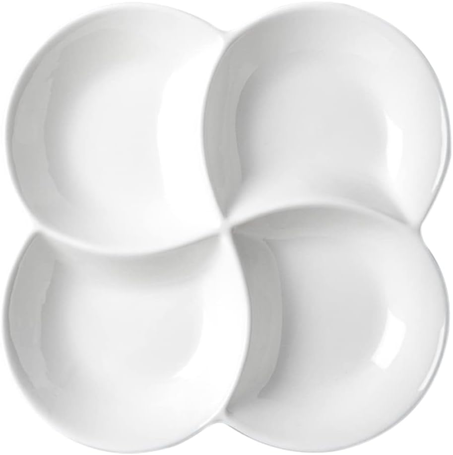 Cabilock 10.45 Inch Melamine 4-Compartment Fruit Plate Snack Tray Rotating Serving Dish White for Parties Kitchen Entertaining