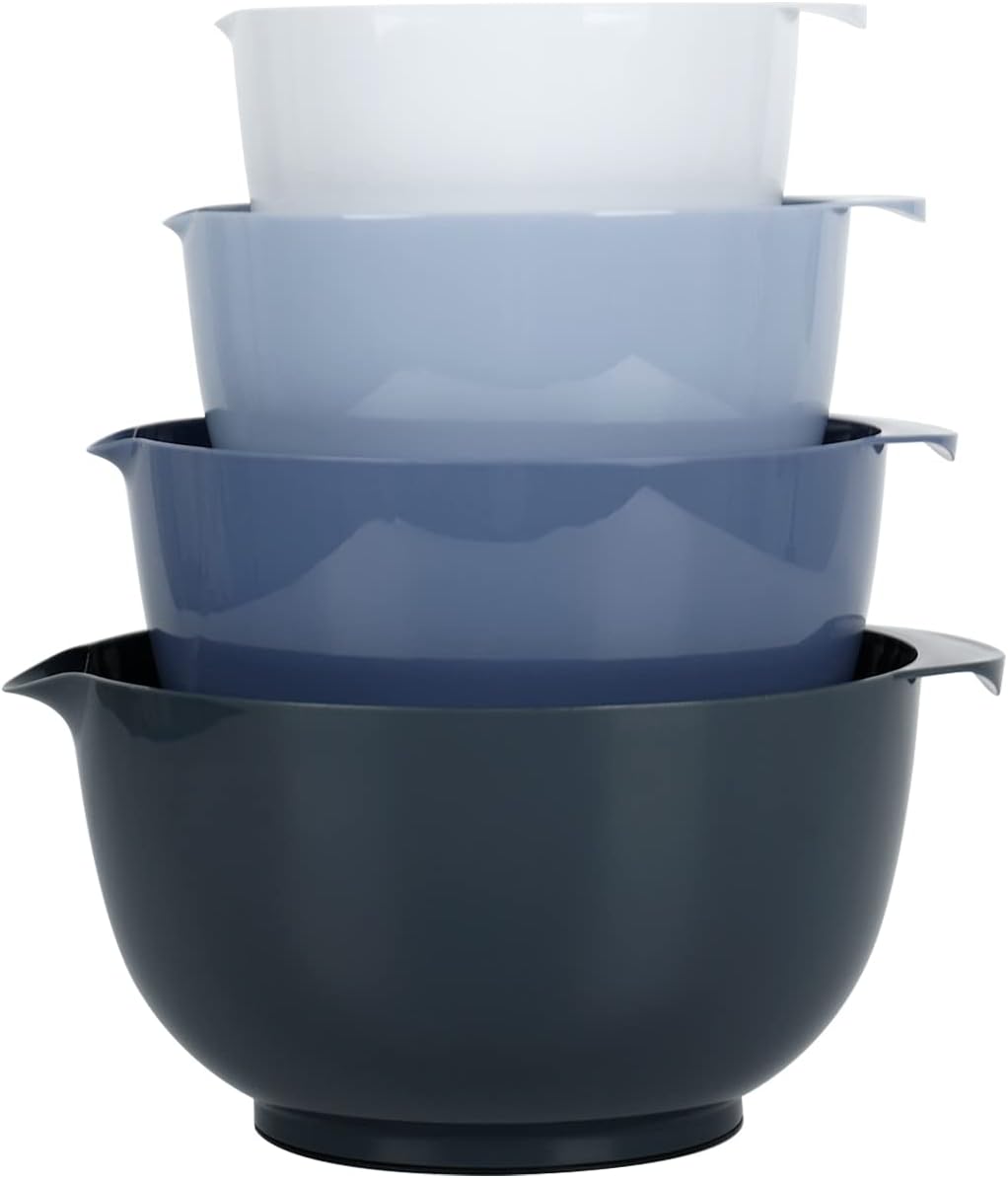 BoxedHome Nesting Plastic Mixing Bowl Set With Pour Spout, Microwave and Dishwasher Safe, BPA free Non-Slip Base, Set of 4 Size 1.7, 2.5, 3.5 and 4.5qt, Great for Prepping, Baking, Cooking (Dark Blue)