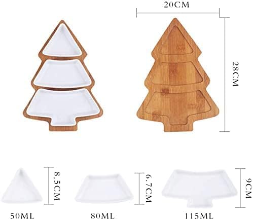White Tree Plates Chip & Dip Set, 11 Inches Ceramic Snack Plate with Bamboo Tray, Removable Porcelain Christmas Tree Appetizer Dessert Fruit Salad Saucers Bowl, Cutlery Platter Serving Dish