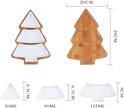 White Tree Plates Chip & Dip Set, 11 Inches Ceramic Snack Plate with Bamboo Tray, Removable Porcelain Christmas Tree Appetizer Dessert Fruit Salad Saucers Bowl, Cutlery Platter Serving Dish