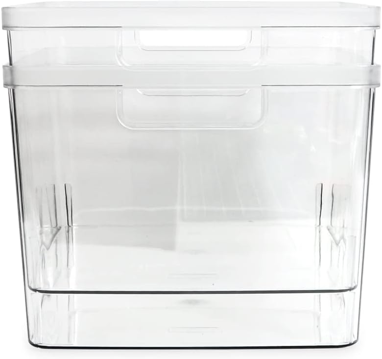 Isaac Jacobs 2-Pack Square Clear Storage Bins (10” L x 10” W x 6.1” H) w/Cutout Handles, Plastic Organizer for Home, Office, Kitchen, Fridge/Freezer, Bathroom, BPA Free, Food Safe (2-Pack, Square)