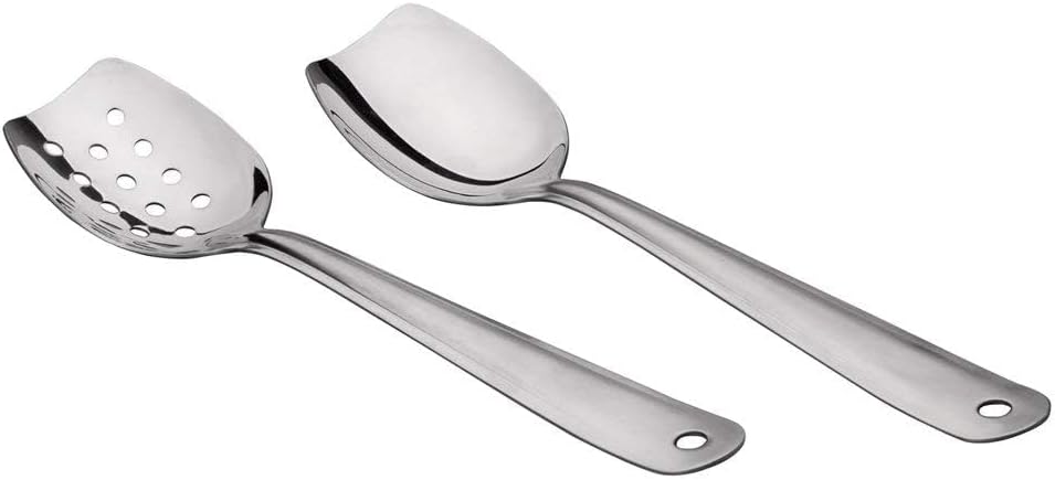 IMEEA 10 Inch Flat Bottom Scraping Cooking Spoon Set of 2, 18/8 Stainless Steel Slotted & Solid Stirring Spoon, Flat Edge Kitchen Spoon for Stir Fry, Sauce, Soup, Instant Pot