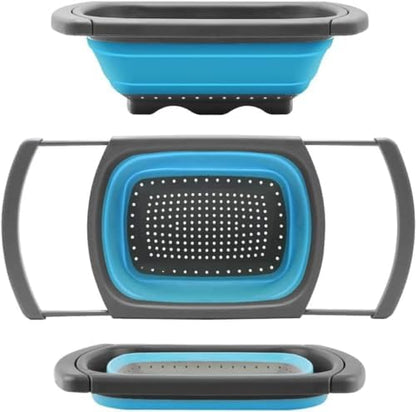 Collapsible Colander Strainer with Extendable Handles - Over the Sink Vegetable/Fruit Colanders Strainers for Kitchen, Capacity of 6 quart (Blue)