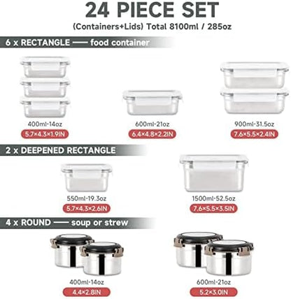 12PC 304 Stainless Steel Food Storage Containers with Lids Leakproof, Meal Prep Container Airtight, Lunch Boxes, Kimchi Containers for food storage Nestable | Oven/Dishwsher/Freezer Safe