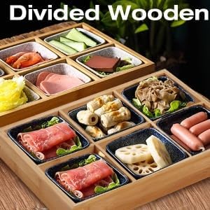 Divided Wooden Tray,Veggie Tray Serving Tray Divided Platter Wooden Food Server Multi Compartments Serving Tray for Hot Pot Restaurants Sushi Plate (6 Compartments)