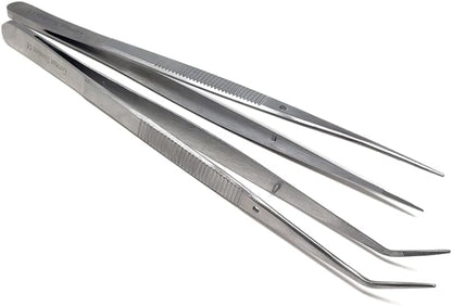 Food Plating Tweezers Culinary Kitchen Tongs Straight + Angled Tips 6" Long for Cookie Cake Decorating/Baking/Cooking Made of Stainless Steel with Fine Serrations Kitchen Utensils