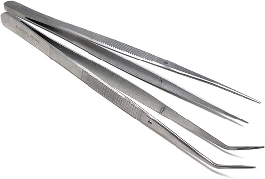 Food Plating Tweezers Culinary Kitchen Tongs Straight + Angled Tips 6" Long for Cookie Cake Decorating/Baking/Cooking Made of Stainless Steel with Fine Serrations Kitchen Utensils