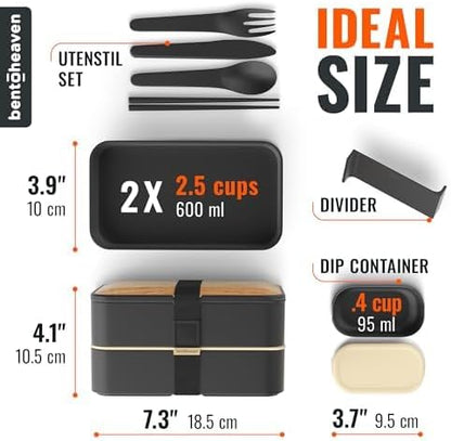 Bentoheaven Premium Bento Box Adult Lunch Box with Compartments for Women & Men, Set of Utensil & Chopsticks & Dip Container, Cute Japanese Kids Bento Lunch Box, Microwavable (Symph Onyx)