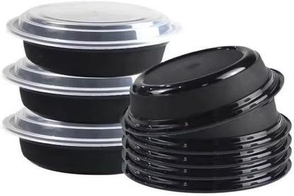 48oz Disposable Black Meal Prep/Bento Box with Clear Dome Lids - Round Plastic Meal Containers - Leak Proof and Reusable Box : Perfect For Salad, Meal Prep and Fruits : Set of 10