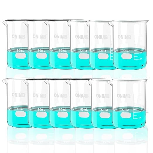 ONiLAB Glass Measuring Beaker Set 50ml 100ml 250ml (Pack of 3) 3.3 Boro Griffin Low Form with Printed Graduation Scientific Glassware for Laboratories, Classrooms or Home Use 13900244