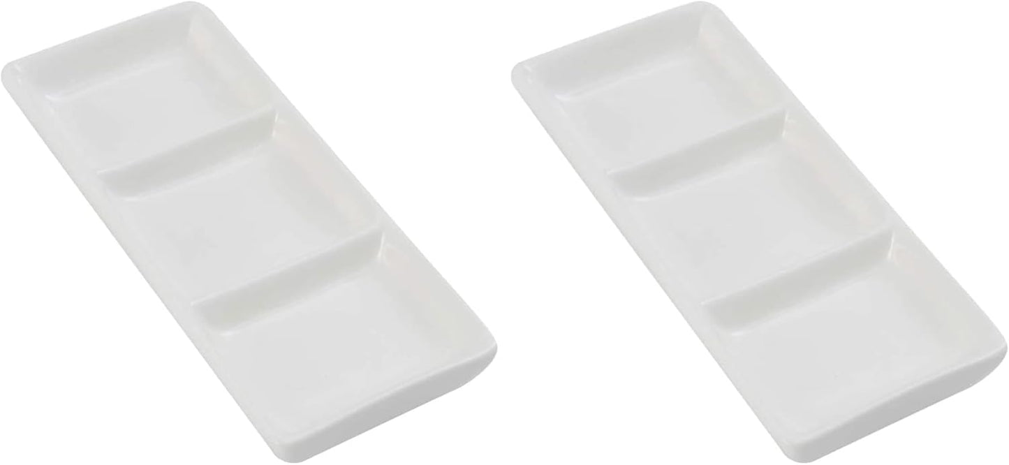esowemsn 1PC Mini White Ceramic Rectangular 3 Compartment Appetizer Serving Tray Divided Spices Vinegar Nuts Snack Sauce Dishes for Home Kitchen Restaurant