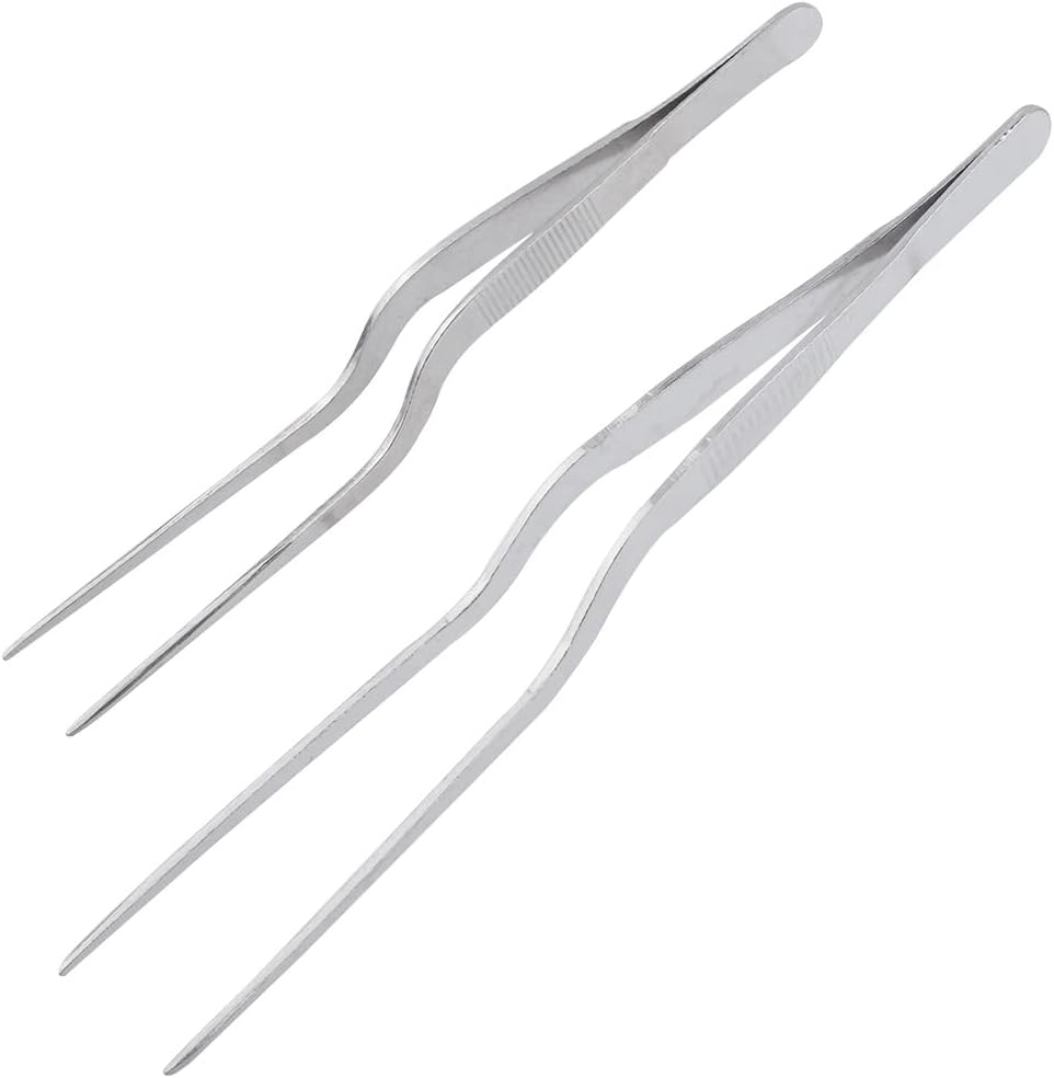 16cm + 20cm Stainless Steel Offset Tweezers Tongs Set for Kitchen Culinary Tweezers