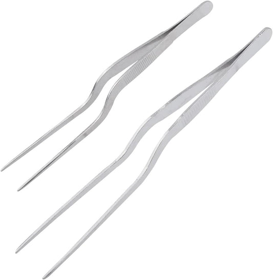 16cm + 20cm Stainless Steel Offset Tweezers Tongs Set for Kitchen Culinary Tweezers