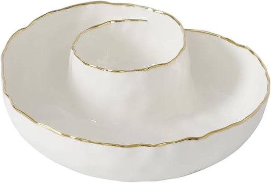 Pampa Bay Portofino Plata, Round Chip & Dip, 9.5” D x 2.75" (White and Gold)