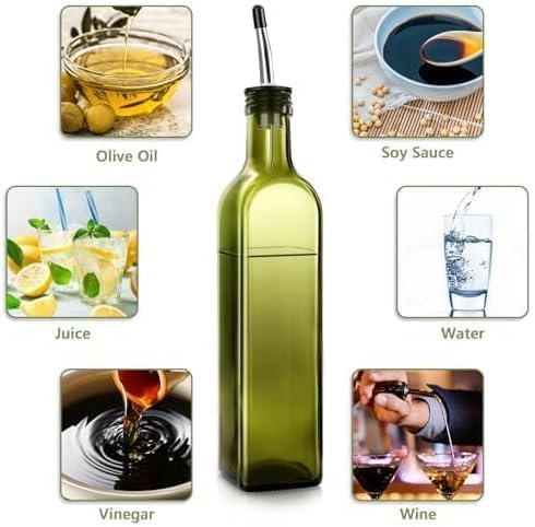 Leaflai Olive Oil Dispenser Bottle, Glass Olive Oil Dispenser and Vinegar Dispenser Set with Stainless Steel Pourers, 4 Labels,1 Brush and 1 Funnel Oil Bottles for Kitchen (500ml)