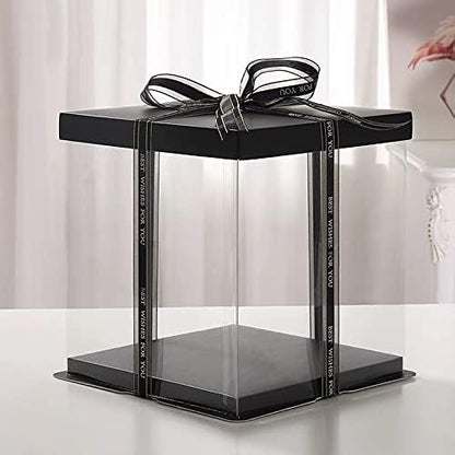 XININSUN 2Pcs Large Cake PET Clear Box, 10" X 10" X 9" with ribbon and pre-folded lid, for 8" cake packing carry, baking cookie display, Carry Tall Layer Gift, Festive Gift Box -White