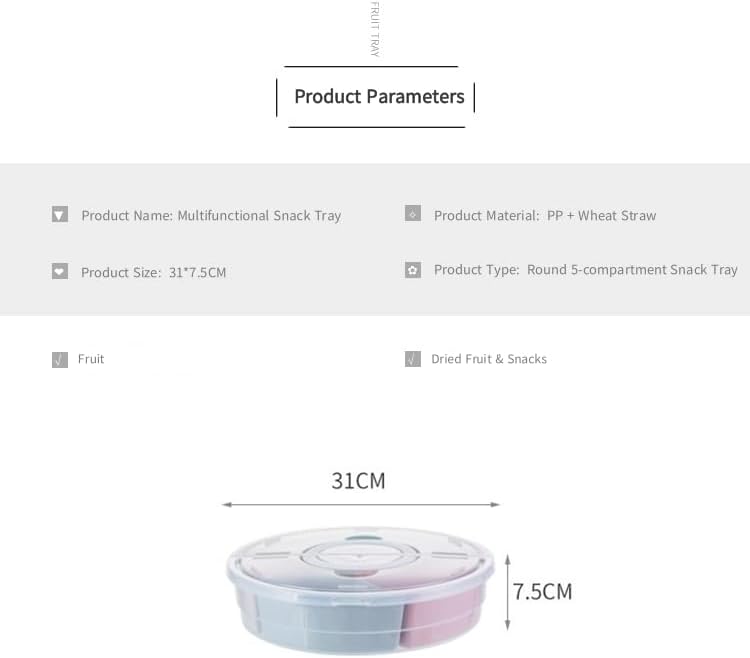 Snack Box with Lid and Handle, Divided Tray Large Round Plastic, Colorful Compartments Serving Box for Biscuit,Candy,Nut,Picnic,Party Food Container, Easy Distinguish Sealed Fruit Organizer Platter