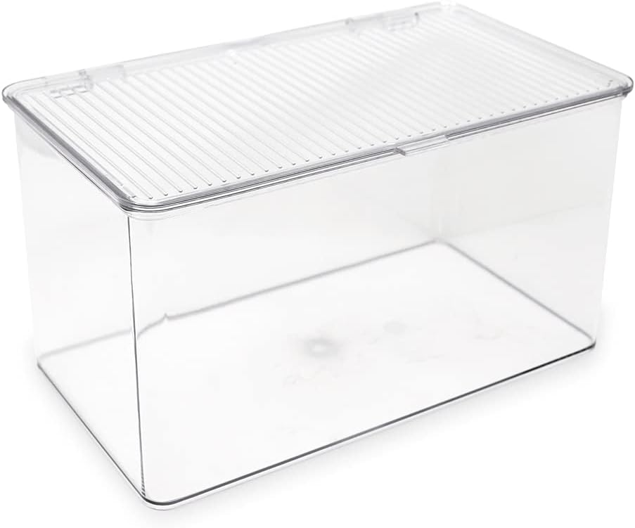 Isaac Jacobs Medium Stackable Organizer Bin (10.75”x6.5”x3.7”) w/ Hinged Lid, Clear Storage Box, Home, Office, School, Fridge, Bathroom, Kitchen, Pantry Container, BPA-Free, Food Safe (Medium, Clear)