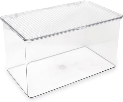 Isaac Jacobs Medium Stackable Organizer Bin (10.75”x6.5”x3.7”) w/ Hinged Lid, Clear Storage Box, Home, Office, School, Fridge, Bathroom, Kitchen, Pantry Container, BPA-Free, Food Safe (Medium, Clear)