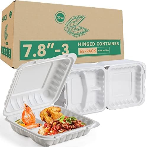 Takeout Container Mineral Filled PP Plastic - 7.8 Inch 30oz 65 Pack BPA Free 3 Compartments Shrink Wrap Bento Box | Freezer & Microwave Safe for Picnic | Black Reusable & Disposable Containers