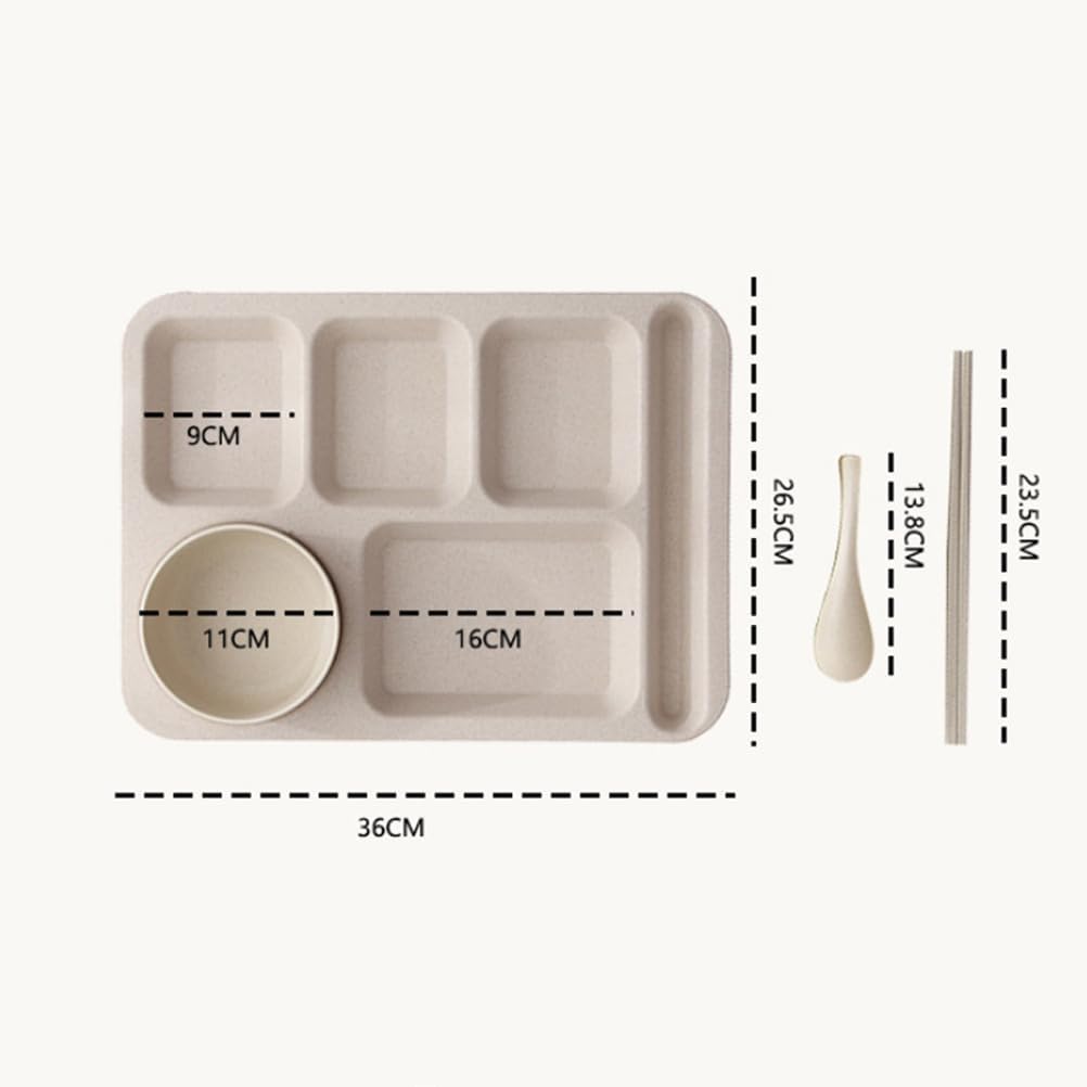 Cabilock Meal Prep Container Wheat Straw Divided Plates Divided Dinner Tray Beige Sections Dinner Plates with Bowl Spoon Chopsticks Cutlery Tableware for Adults Portion Control Plates