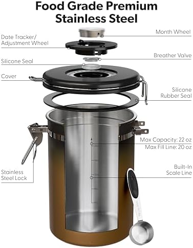 Veken Coffee Canister with Window, Family Choice Awards Winner, Airtight Stainless Steel Home Kitchen Food Storage Container with Lids for Grounds, Beans, Tea, Flour,Cereal,Sugar Jars,Scoop,16OZ,Black