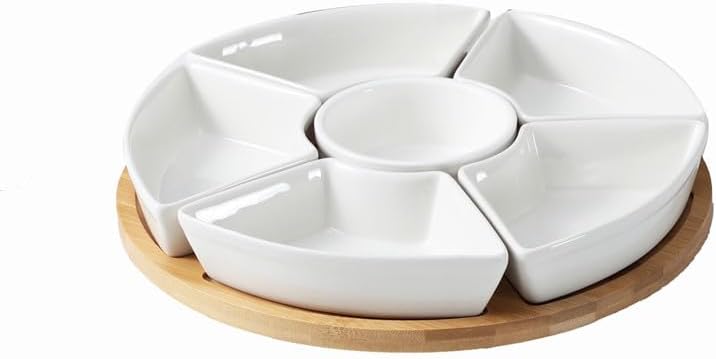 ele ELEOPTION 360° Rotatable Chip and Dip Serving Set, Trays, Appetizer Serving Tray, Divided Serving Tray, Platters, Relish Tray 5 bowls with lids