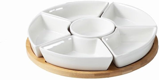 ele ELEOPTION 360° Rotatable Chip and Dip Serving Set, Trays, Appetizer Serving Tray, Divided Serving Tray, Platters, Relish Tray 5 bowls with lids