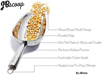 JBscoop Stainless Steel Scoop for ice, 9.6 Inch Metal Food Scoop Kitchen Bar Party Wedding Heavy Duty Dishwasher Safe - 8 Oz